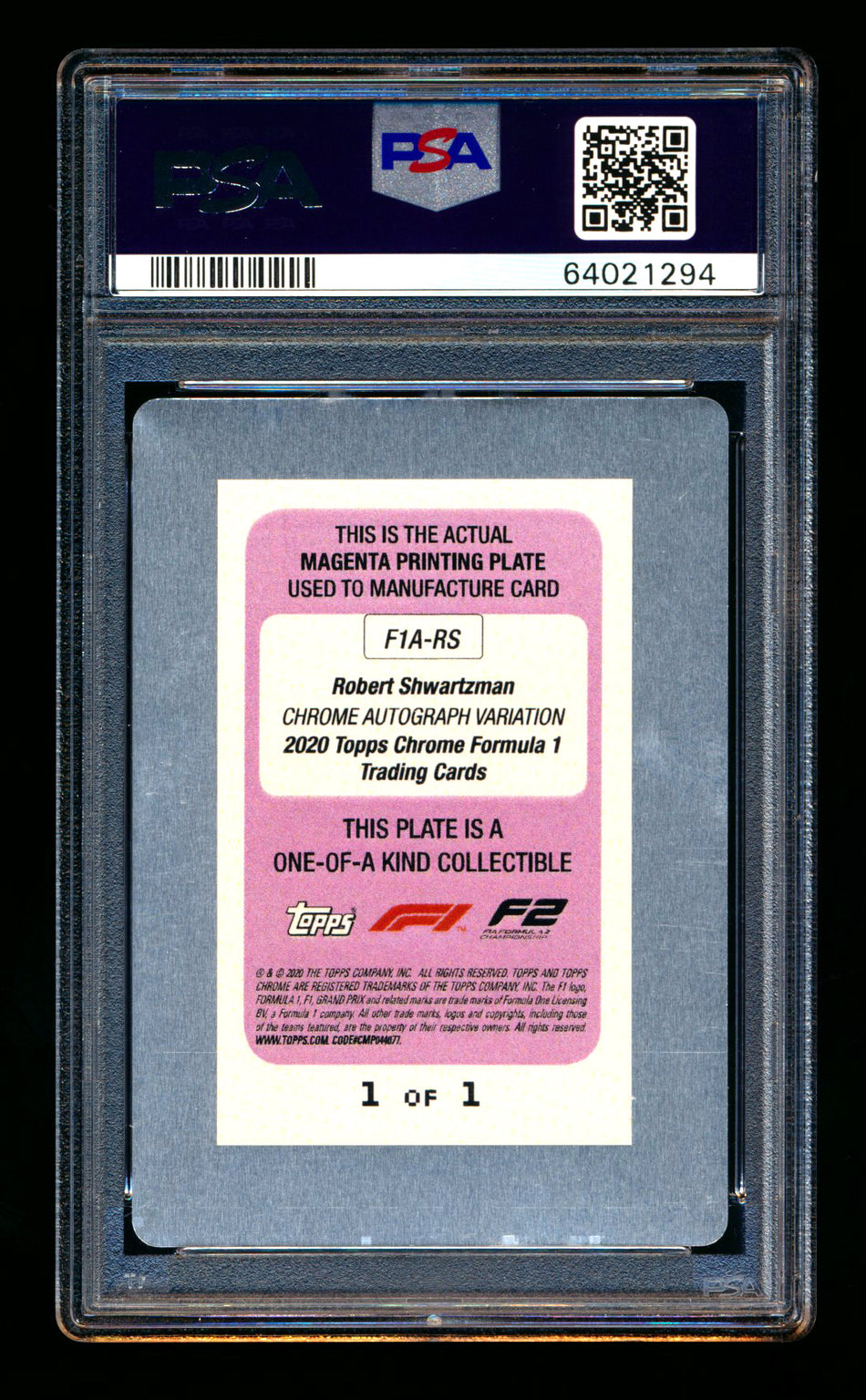 2020 Topps Chrome F1 #F1A-RS Robert Shwartzman RC Magenta Printing Plate Autograph #1/1 PSA Authentic DNA 9