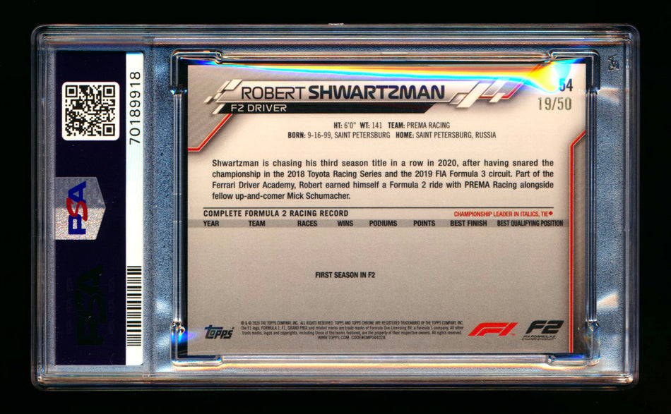2020 Topps Chrome F1 #54 Robert Shwartzman RC Gold Refractor #19/50 PSA 8