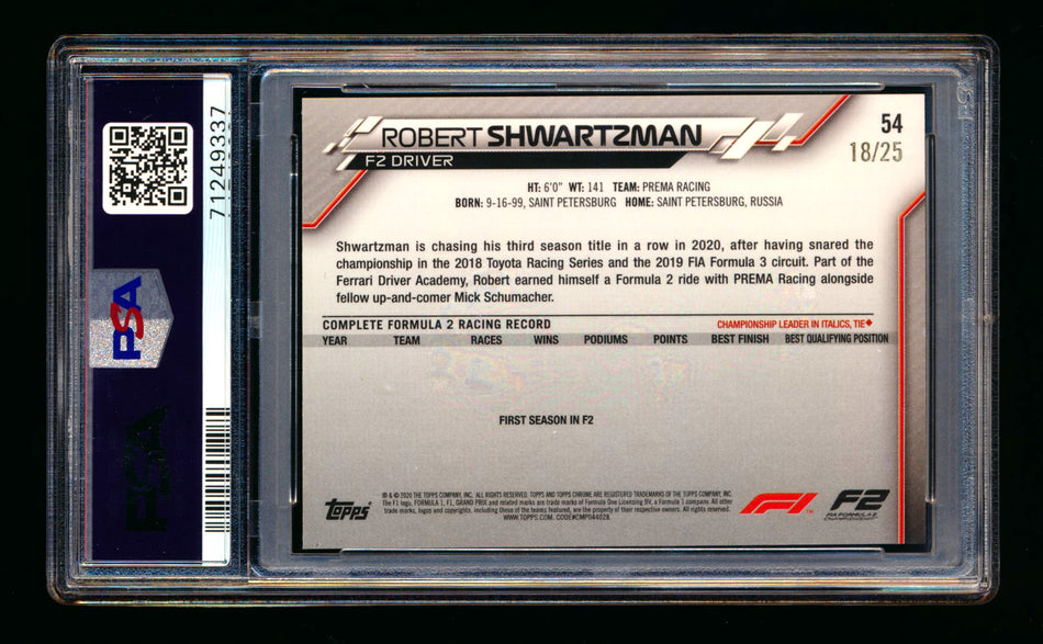 2020 Topps Chrome F1 #54 Robert Shwartzman RC Orange Wave Refractor #18/25 PSA 9