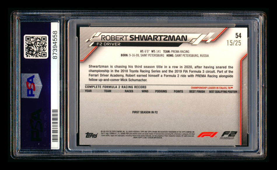 2020 Topps Chrome Sapphire F1 #54 Robert Shwartzman RC Orange Refractor #15/25 PSA 7