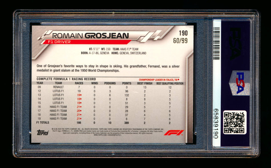 2020 Topps Chrome Sapphire F1 #190 Romain Grosjean RC Aqua Refractor #60/99 PSA 9