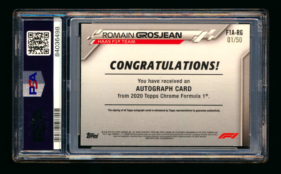 2020 Topps Chrome F1 #F1A-RG Romain Grosjean RC Gold Wave Refractor Autograph #01/50 PSA 8 DNA 10 (First #!)