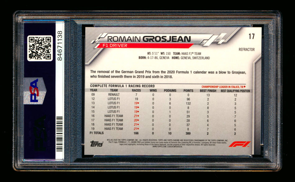 2020 Topps Chrome F1 #17 Romain Grosjean RC Refractor Portrait PSA 10