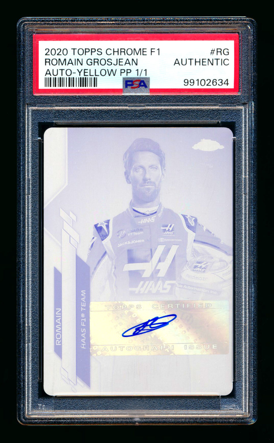 2020 Topps Chrome F1 #F1A-RG Romain Grosjean RC Yellow Printing Plate Autograph #1/1 PSA Authentic