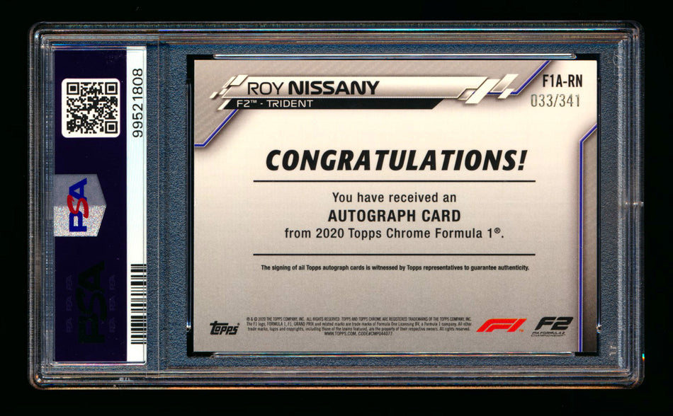 2020 Topps Chrome F1 #F1A-RN Roy Nissany RC Refractor Autograph #033/341 PSA 8 DNA 10