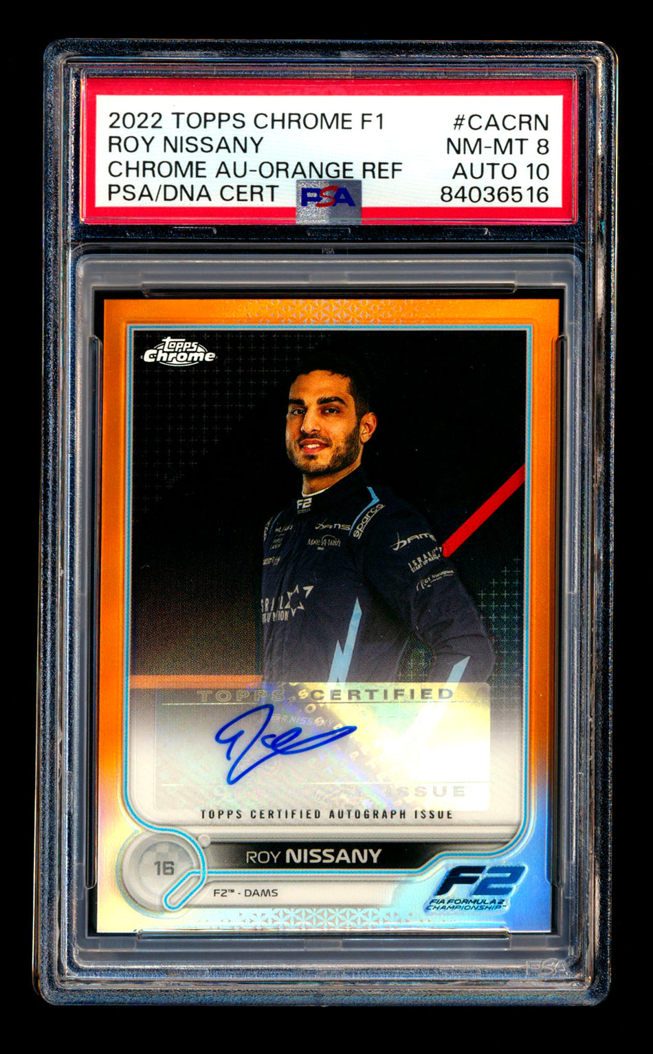 2022 Topps Chrome F1 #CAC-RN Roy Nissany RC Orange Refractor Autograph #01/25 PSA 8 DNA 10 (First #!)