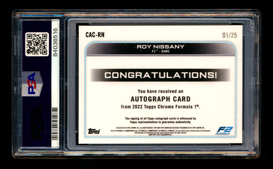 2022 Topps Chrome F1 #CAC-RN Roy Nissany RC Orange Refractor Autograph #01/25 PSA 8 DNA 10 (First #!)