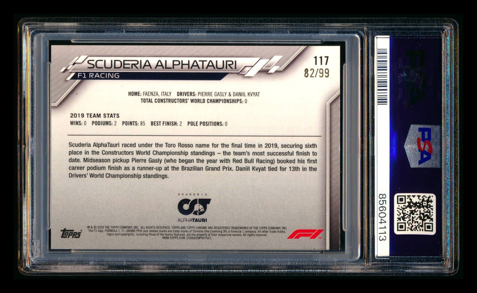 2020 Topps Chrome Sapphire F1 #117 Scuderia AlphaTauri Team Logo RC Aqua Refractor #82/99 PSA 8