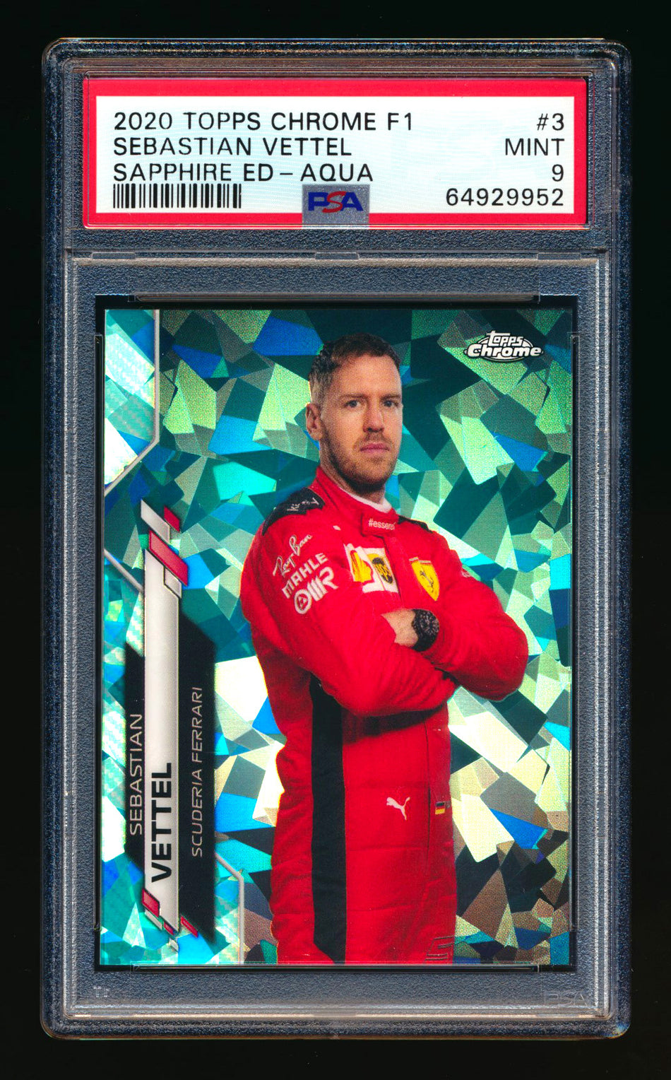 2020 Topps Chrome Sapphire F1 #3 Sebastian Vettel RC Aqua Refractor Portrait #65/99 PSA 9