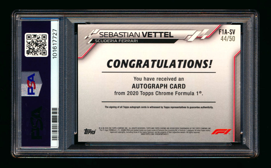 2020 Topps Chrome F1 #F1A-SV Sebastian Vettel RC Gold Wave Refractor Autograph #44/50 PSA 8
