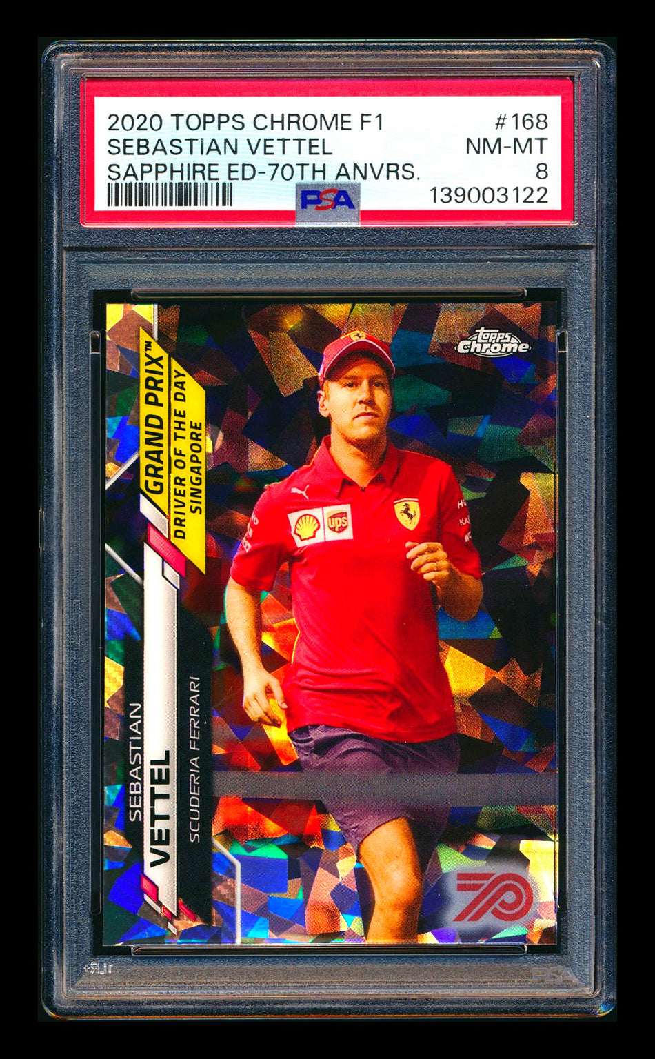 2020 Topps Chrome Sapphire F1 #168 Sebastian Vettel RC 70th Silver Refractor #56/70 PSA 8