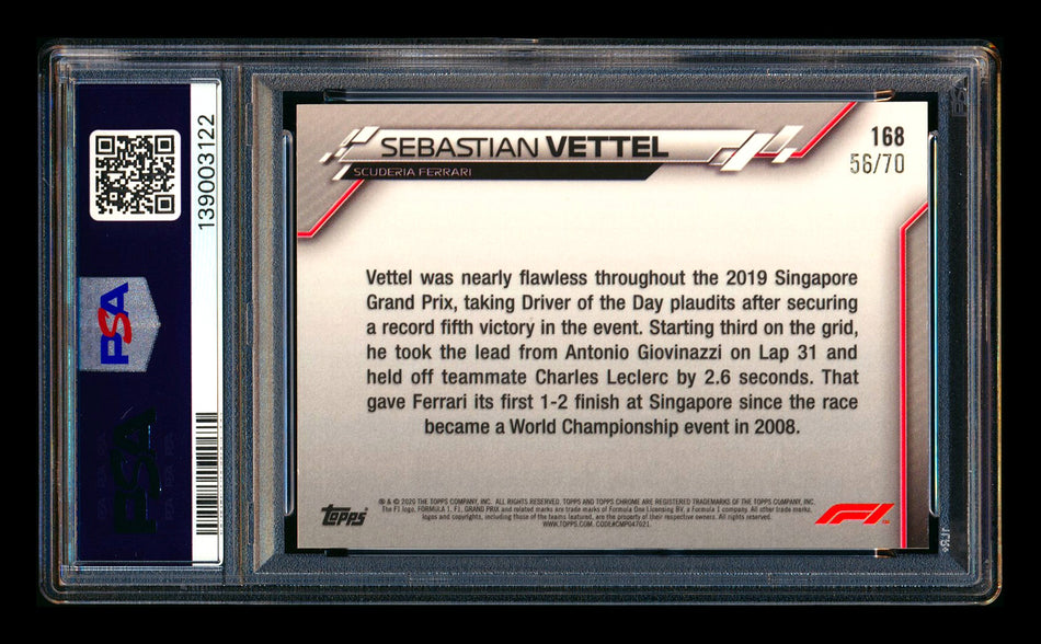 2020 Topps Chrome Sapphire F1 #168 Sebastian Vettel RC 70th Silver Refractor #56/70 PSA 8