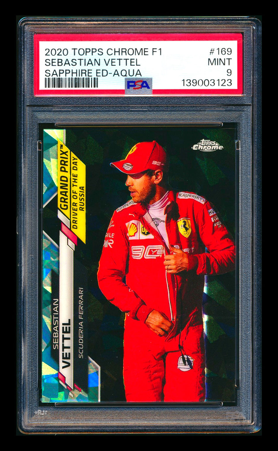 2020 Topps Chrome Sapphire F1 #169 Sebastian Vettel RC Aqua Refractor #55/99 PSA 9