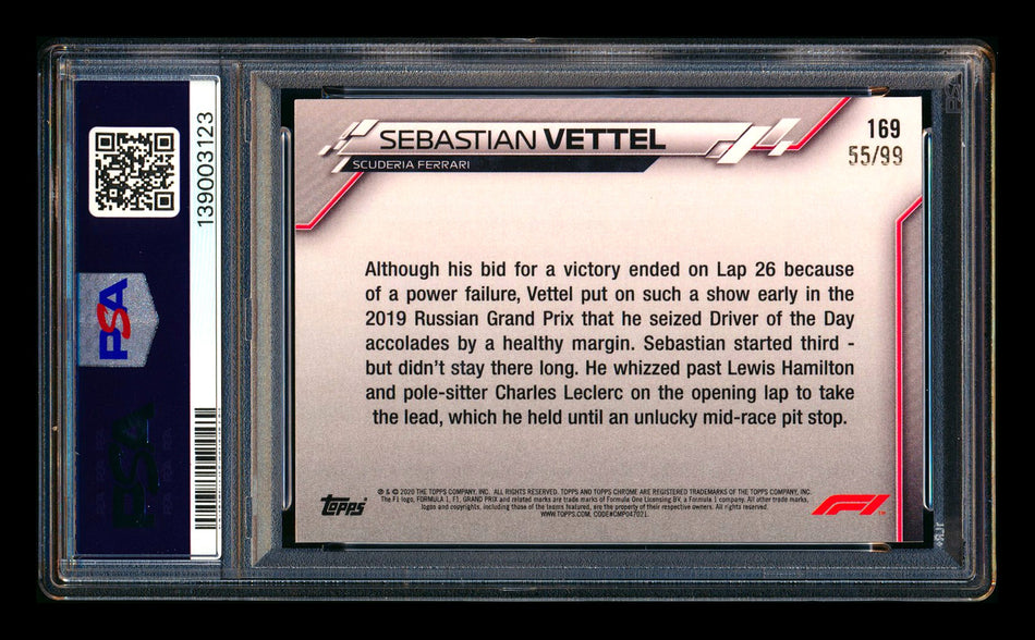 2020 Topps Chrome Sapphire F1 #169 Sebastian Vettel RC Aqua Refractor #55/99 PSA 9