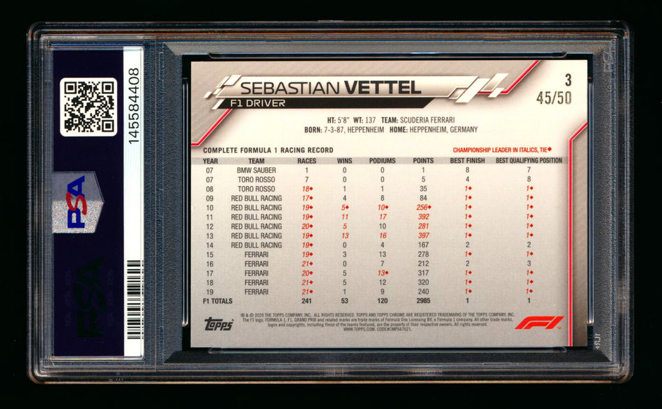 2020 Topps Chrome Sapphire F1 #3 Sebatian Vettel RC Gold Refractor Portrait #45/50 PSA 8