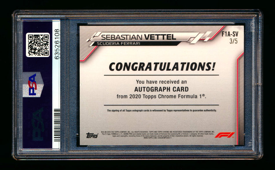 2020 Topps Chrome F1 #F1A-SV Sebastian Vettel RC Red Refractor Autograph #3/5 PSA 8 ** (SOLD - $28,000.00 - 5/28/2026) **