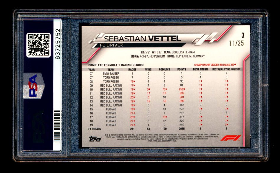 2020 Topps Chrome F1 #3 Sebastian Vettel RC Orange Refractor Portrait #11/25 PSA 8