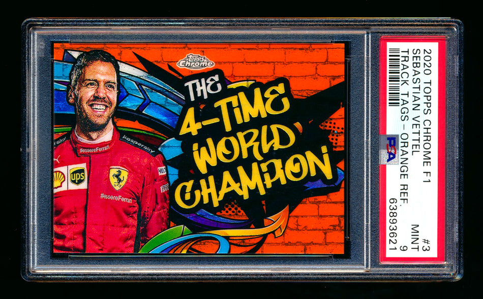 2020 Topps Chrome F1 Track Tags #TT-3 Sebastian "4-Time World Champion" Vettel RC Orange Refractor #08/25 PSA 9 ** (SOLD - $1,795.00 - 8/16/2025) **