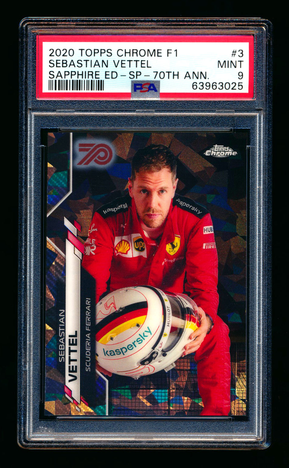 2020 Topps Chrome Sapphire F1 #3 Sebastian Vettel RC 70th Silver Refractor Image Variation SP #69/70 PSA 9