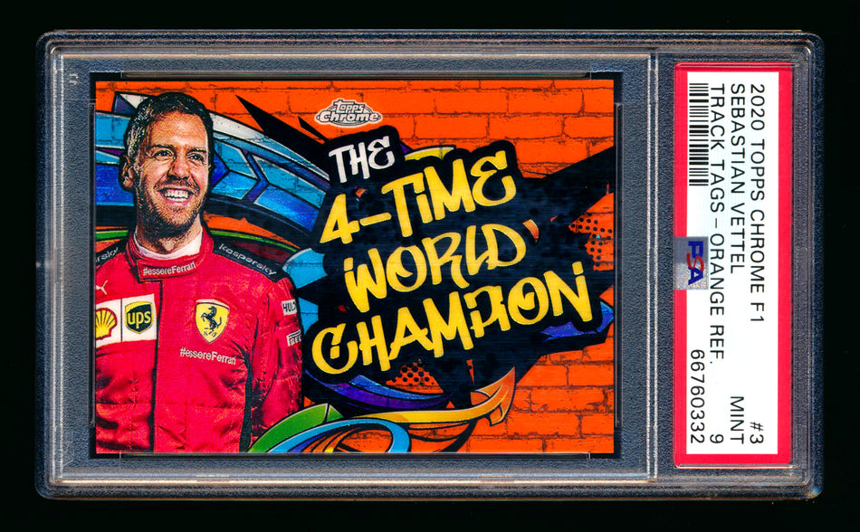 2020 Topps Chrome F1 Track Tags #TT-3 Sebastian "4-Time World Champion" Vettel RC Orange Refractor #12/25 PSA 9 ** (SOLD - $2,000.00 - 9/27/2025) **