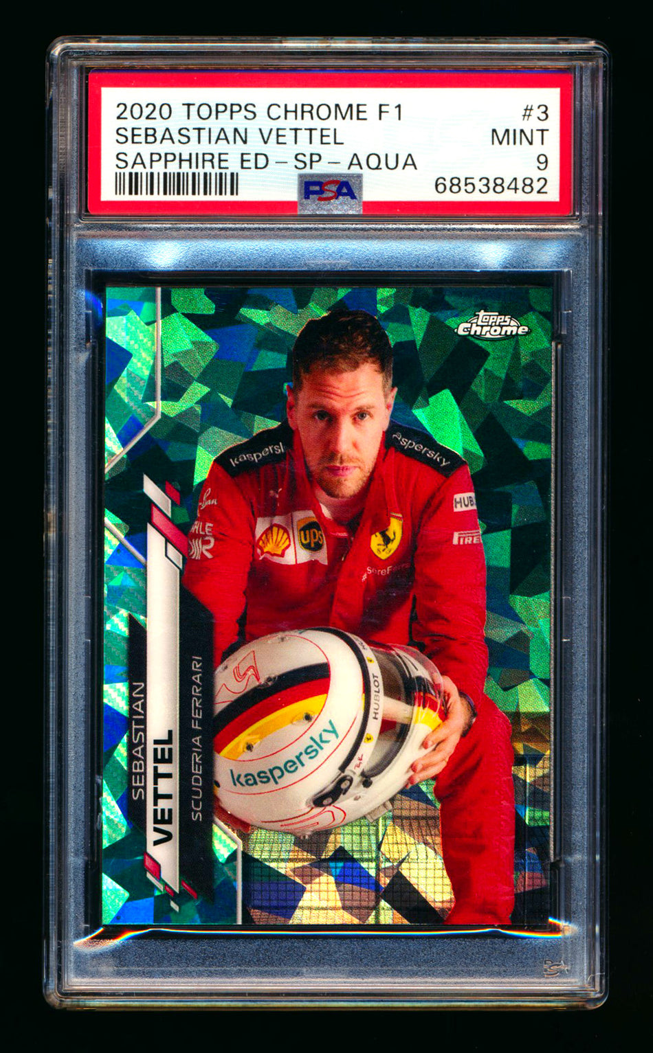 2020 Topps Chrome Sapphire F1 #3 Sebastian Vettel RC Aqua Refractor Image Variation SP #56/99 PSA 9