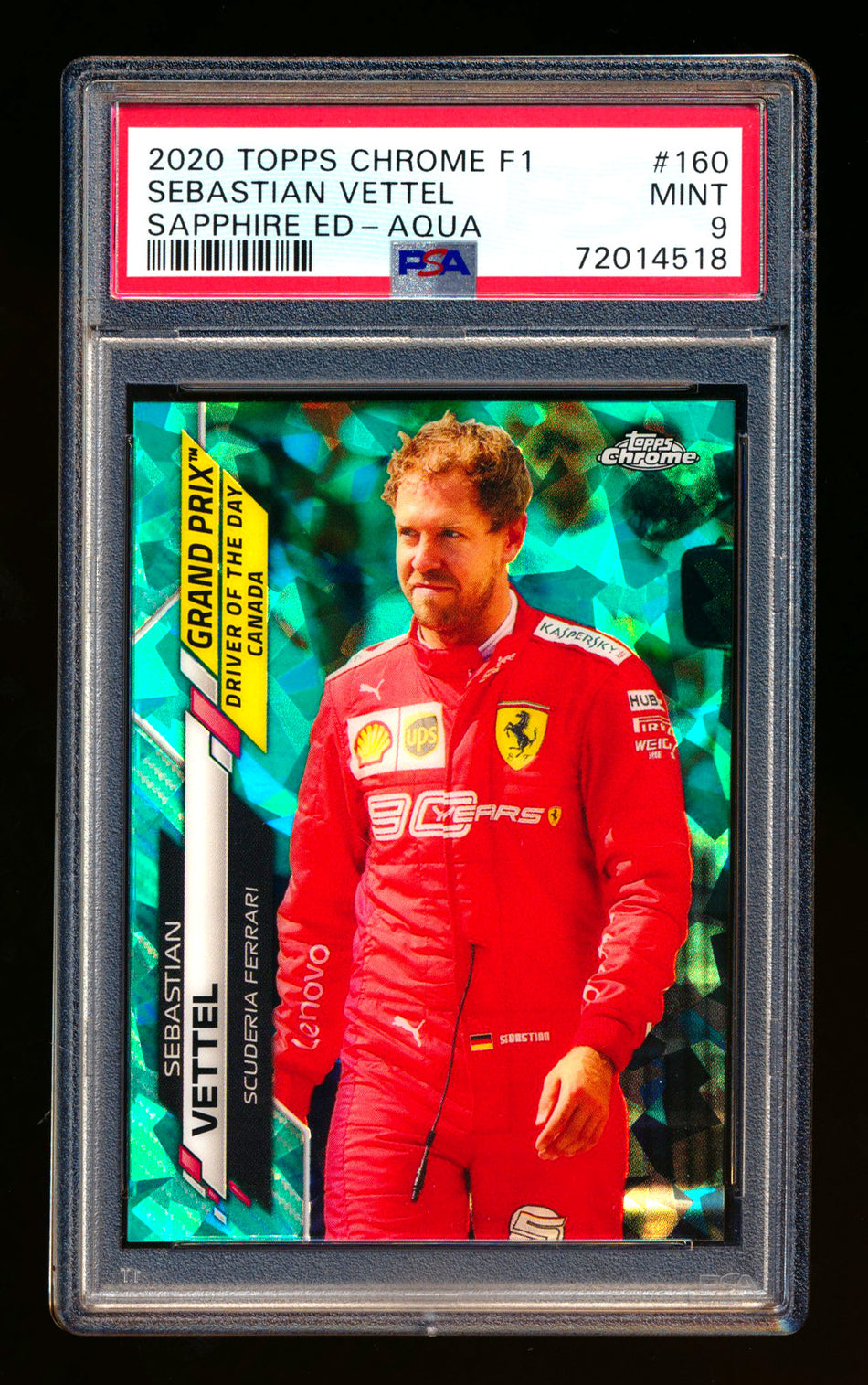 2020 Topps Chrome Sapphire F1 #160 Sebastian Vettel RC Aqua Refractor #49/99 PSA 9