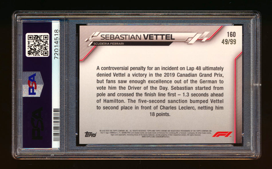 2020 Topps Chrome Sapphire F1 #160 Sebastian Vettel RC Aqua Refractor #49/99 PSA 9