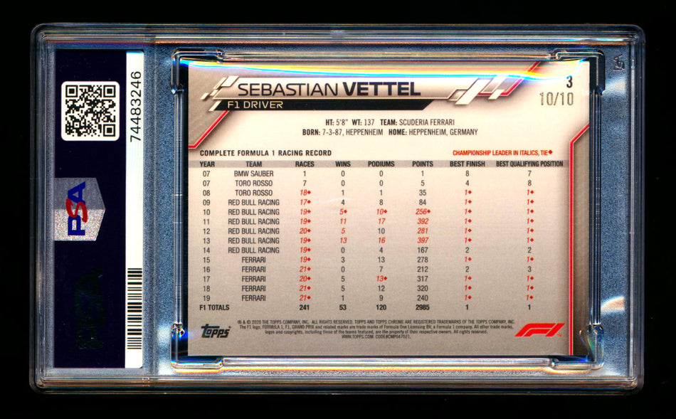 2020 Topps Chrome Sapphire F1 #3 Sebastian Vettel RC Purple Refractor Portrait #10/10 PSA 10