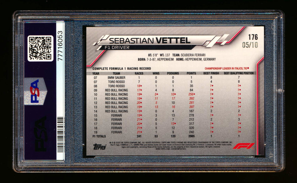 2020 Topps Chrome Sapphire F1 #176 Sebastian Vettel RC Purple Refractor #05/10 PSA 10 (Driver #5!)