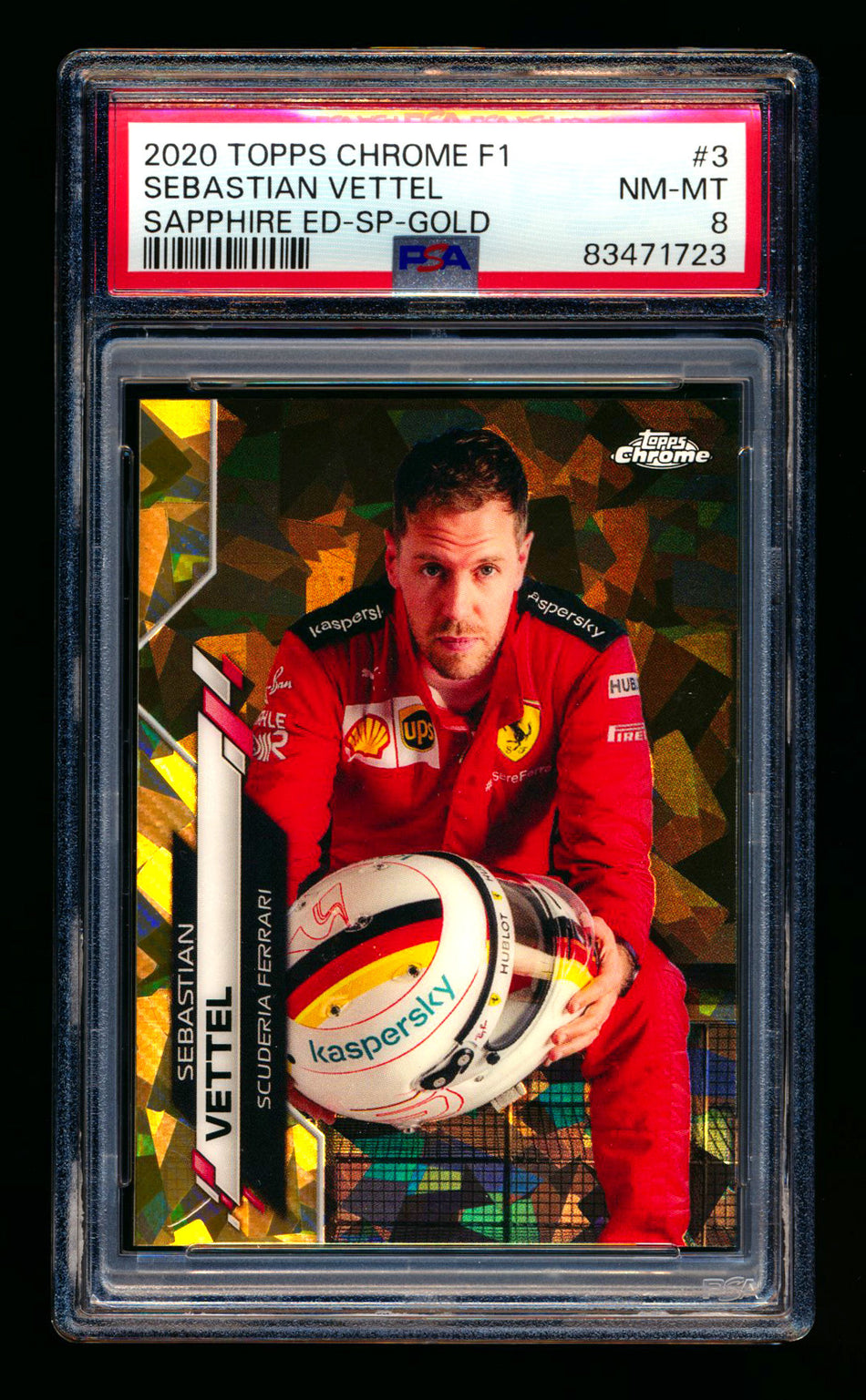 2020 Topps Chrome Sapphire F1 #3 Sebastian Vettel RC Gold Refractor Image Variation SP #26/50 PSA 8 ** (SOLD - $450.00 - 11/15/2024) **