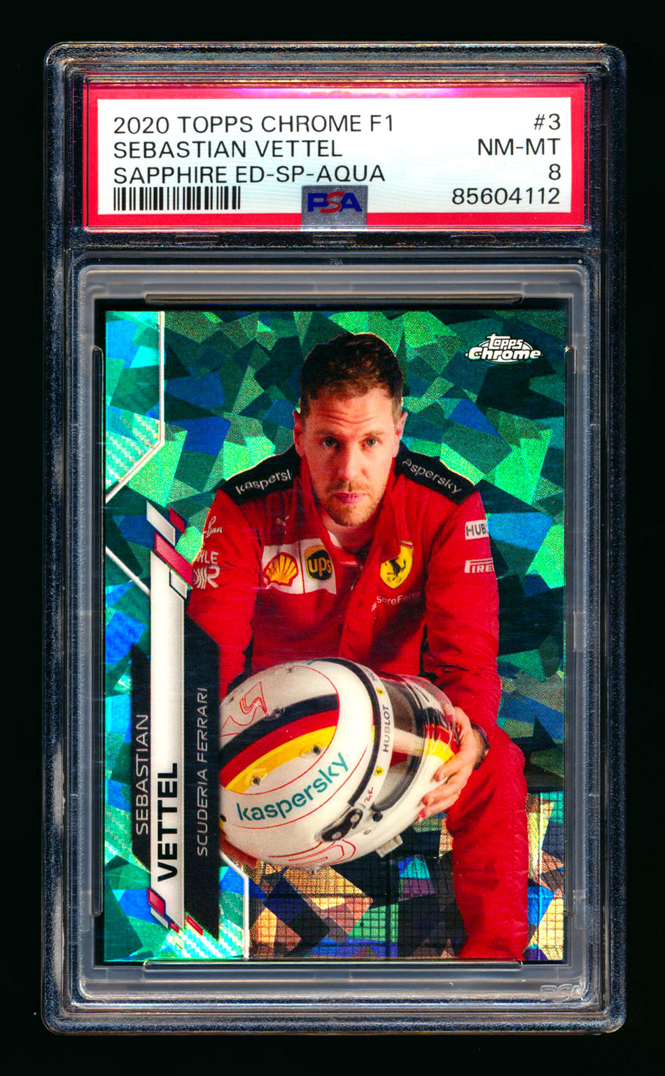 2020 Topps Chrome Sapphire F1 #3 Sebastian Vettel RC Aqua Refractor Image Variation SP #18/99 PSA 8 ** (SOLD - $195.00 - 6/22/2025) **