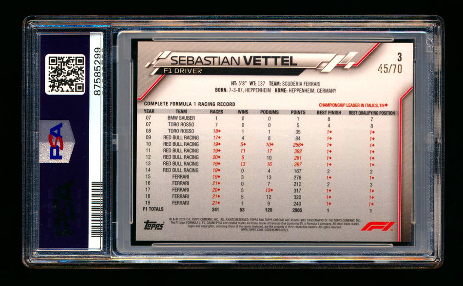 2020 Topps Chrome Sapphire F1 #3 Sebastian Vettel RC 70th Silver Refractor Portrait #45/70 PSA 9 ** (SOLD - $200.00 - 8/15/2025) **