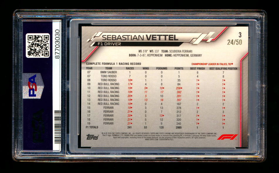 2020 Topps Chrome Sapphire F1 #3 Sebastian Vettel RC Gold Refractor Portrait #24/50 PSA 9