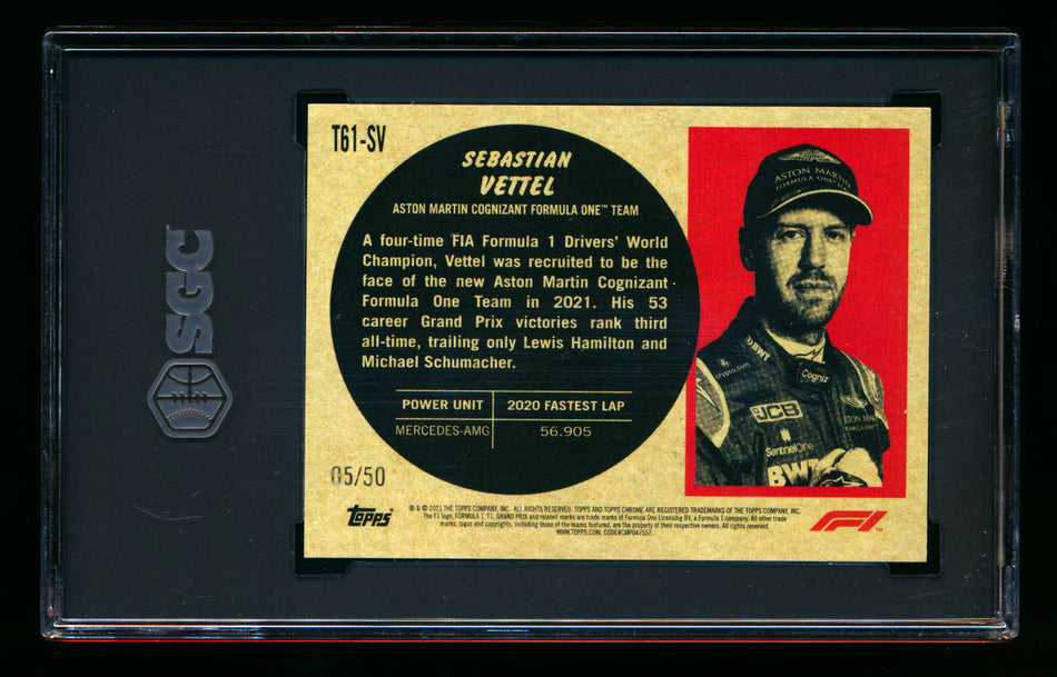 2021 Topps Chrome F1 1961 Sports Cars #T61-SV Sebastian Vettel Gold Refractor #05/50 SGC 9.5 (Car Number #5!)