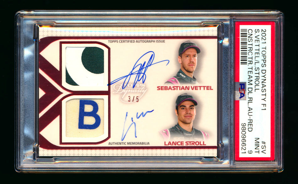 2021 Topps Dynasty F1 #CDAR-SV Sebastian Vettel/Lance Stroll Red Dual Patch Autograph #3/5 PSA 9 Mint ** (SOLD - $400.00 - 12/7/2024) **