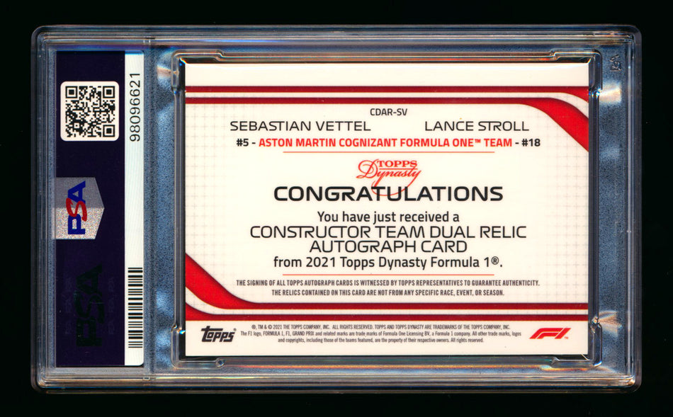 2021 Topps Dynasty F1 #CDAR-SV Sebastian Vettel/Lance Stroll Red Dual Patch Autograph #3/5 PSA 9 Mint ** (SOLD - $400.00 - 12/7/2024) **