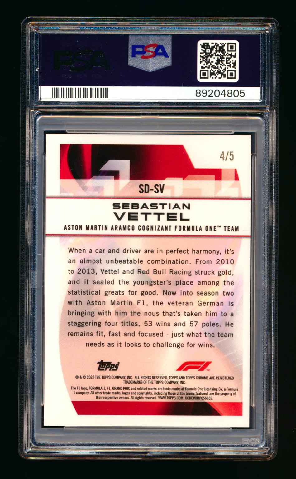 2022 Topps Chrome F1 Speed Demons #SD-SV Sebastian Vettel Red Refractor #4/5 PSA 10