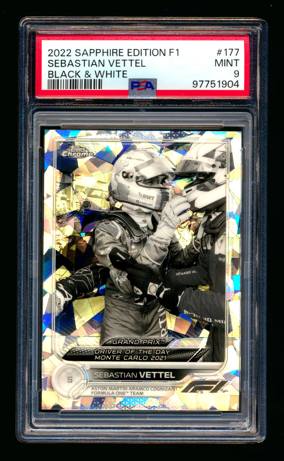 2022 Topps Chrome Sapphire F1 #177 Sebastian Vettel Black & White Refractor #04/15 PSA 9