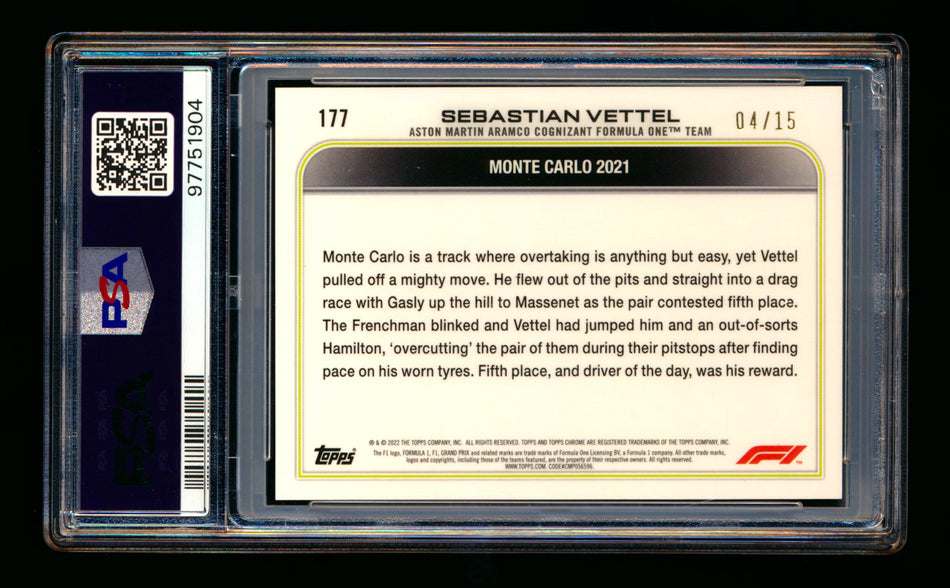 2022 Topps Chrome Sapphire F1 #177 Sebastian Vettel Black & White Refractor #04/15 PSA 9