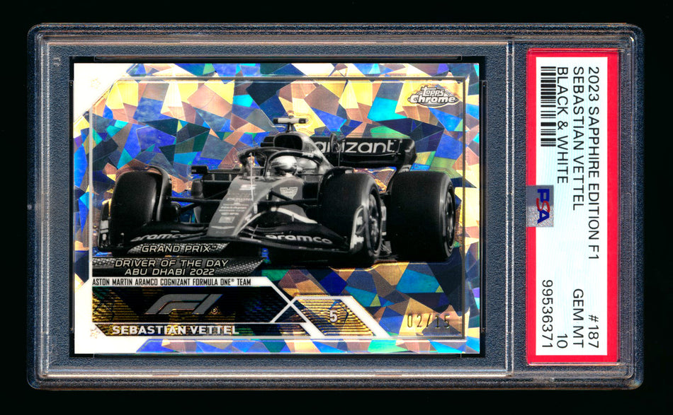 2023 Topps Chrome Sapphire F1 #187 Sebastian Vettel Black & White Refractor #02/15 PSA 10 - POP 1!