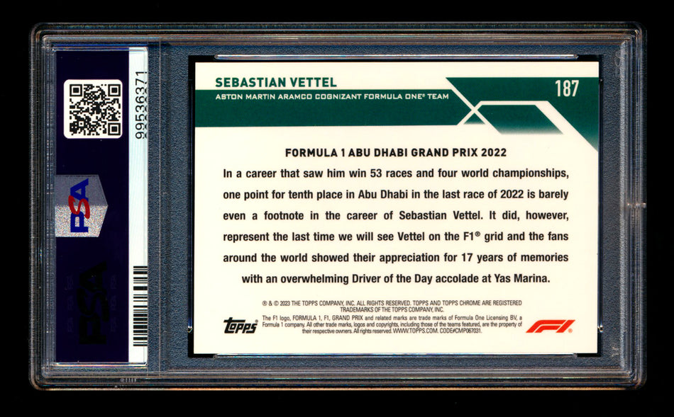 2023 Topps Chrome Sapphire F1 #187 Sebastian Vettel Black & White Refractor #02/15 PSA 10 - POP 1!