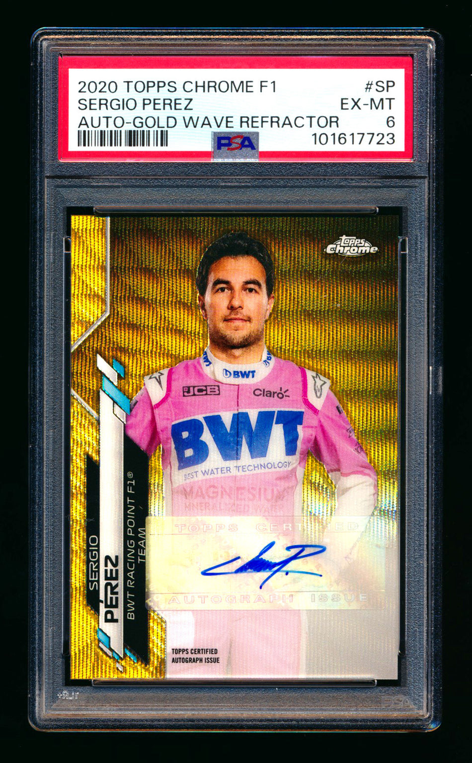 2020 Topps Chrome F1 #F1A-SP Sergio Perez RC Gold Wave Refractor Autograph #48/50 PSA 6