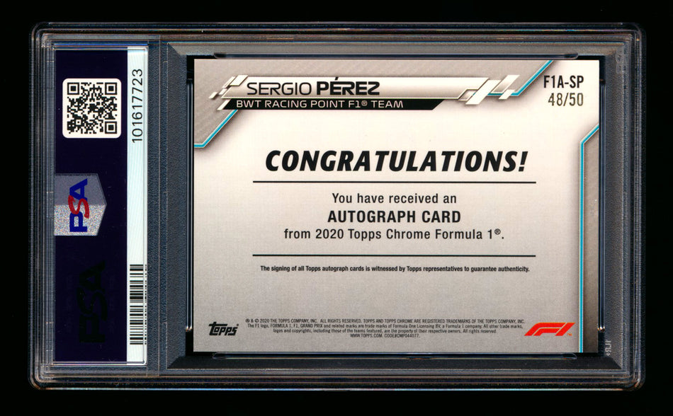 2020 Topps Chrome F1 #F1A-SP Sergio Perez RC Gold Wave Refractor Autograph #48/50 PSA 6