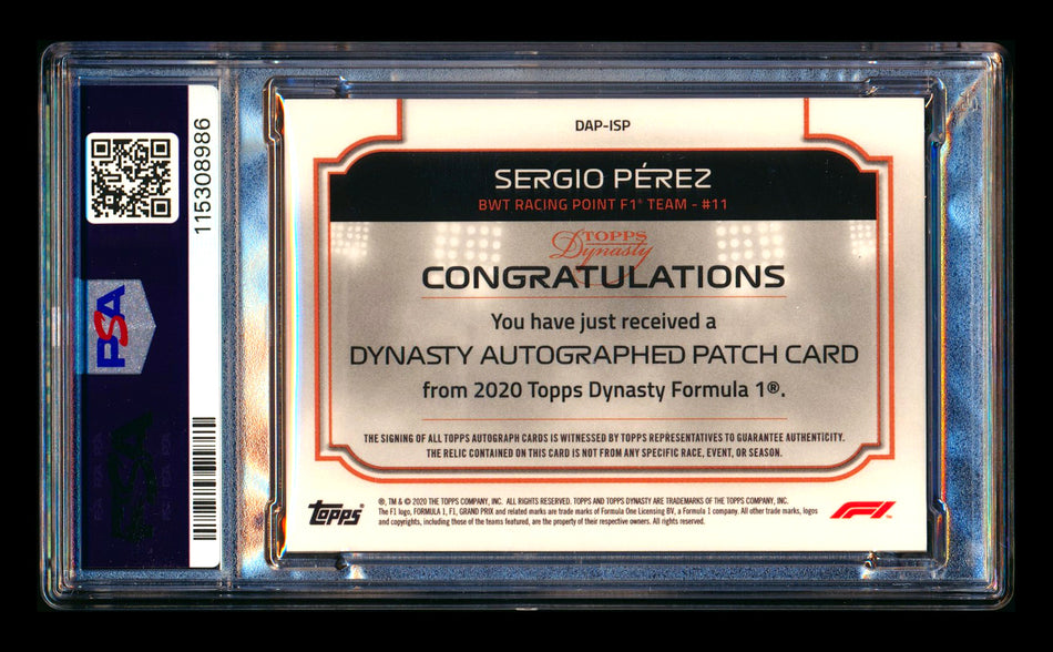 2020 Topps Dynasty F1 #DAP-ISP Sergio Perez ROOKIE Patch Autograph #02/10 PSA 10 Gem Mint - POP 1!