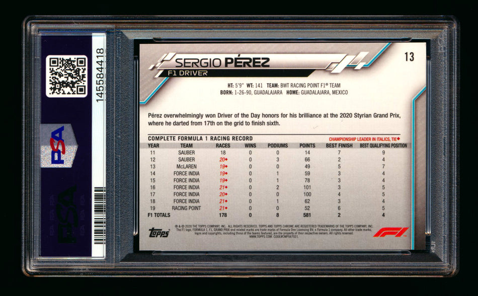 2020 Topps Chrome Sapphire F1 #13 Sergio Perez RC Refractor Portrait PSA 9