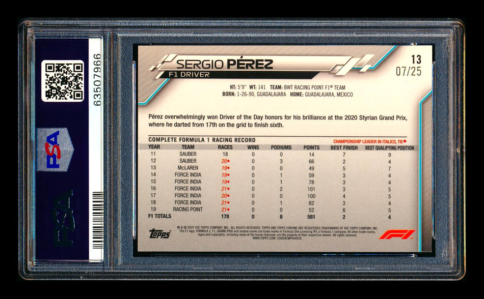 2020 Topps Chrome F1 #13 Sergio Perez RC Orange Refractor Portrait #07/25 PSA 8