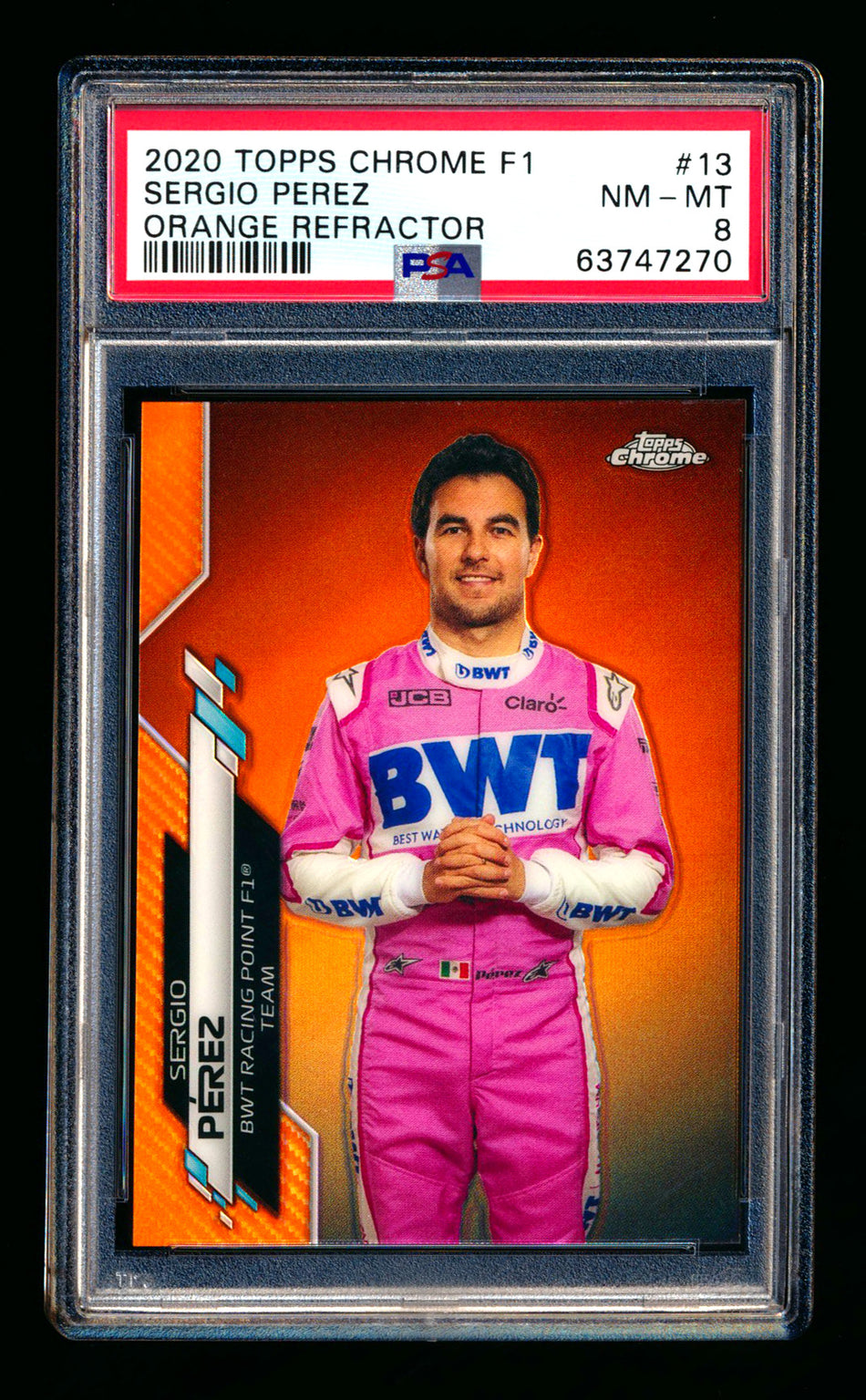 2020 Topps Chrome F1 #13 Sergio Perez RC Orange Refractor Portrait #21/25 PSA 8