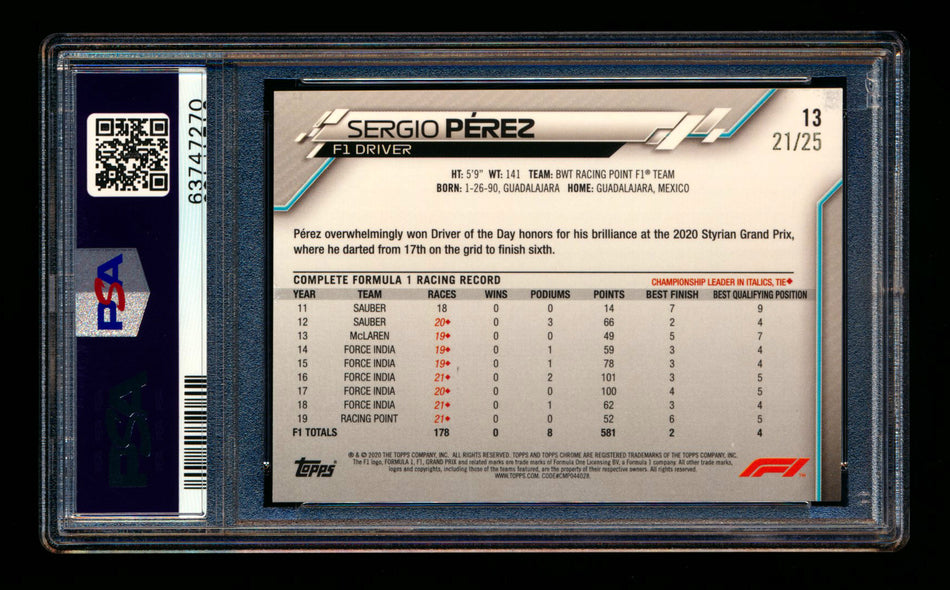 2020 Topps Chrome F1 #13 Sergio Perez RC Orange Refractor Portrait #21/25 PSA 8