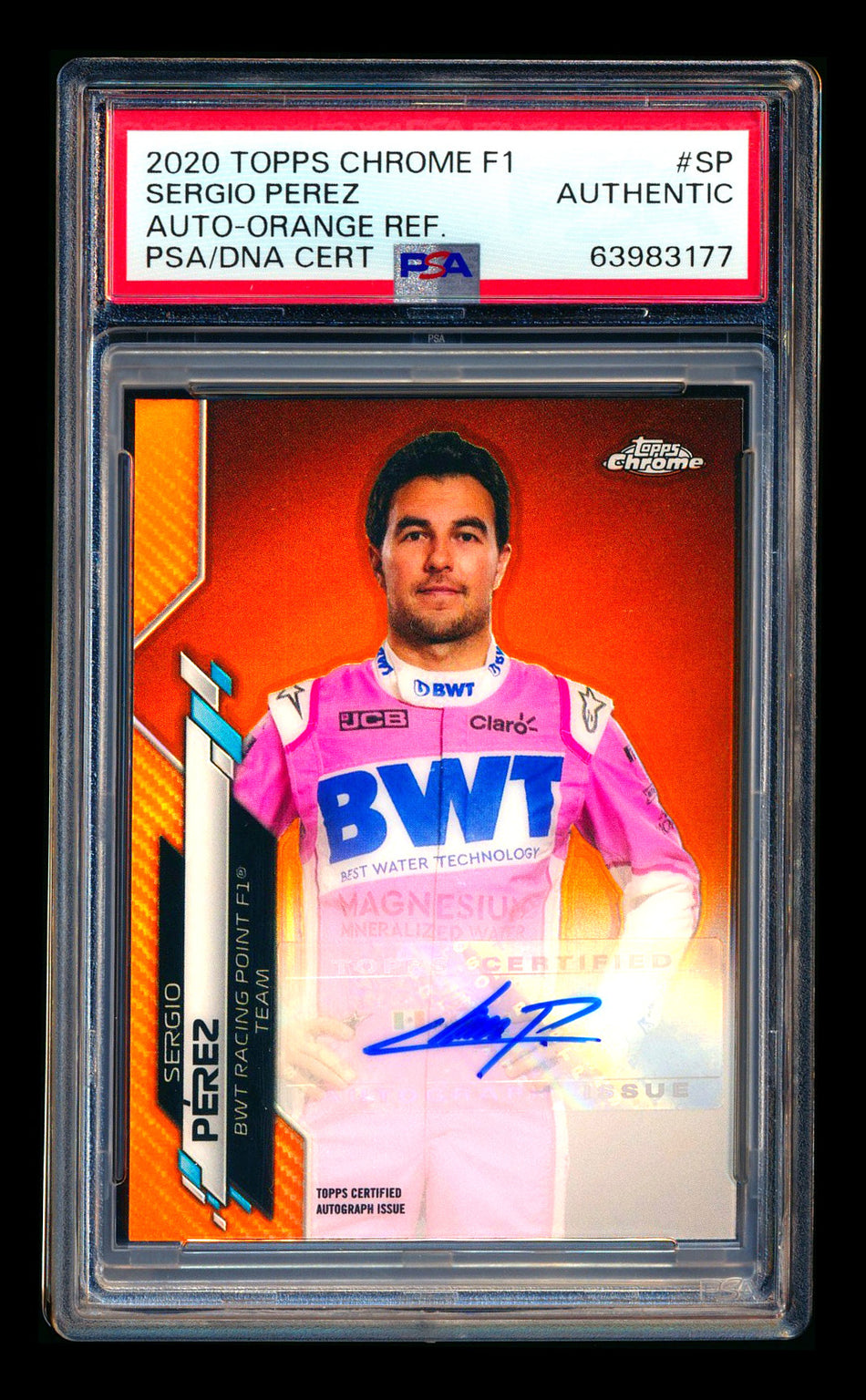 2020 Topps Chrome F1 #F1A-SP Sergio Perez RC Orange Refractor Autograph #20/25 PSA Authentic DNA 10