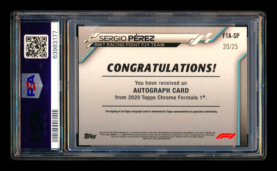 2020 Topps Chrome F1 #F1A-SP Sergio Perez RC Orange Refractor Autograph #20/25 PSA Authentic DNA 10